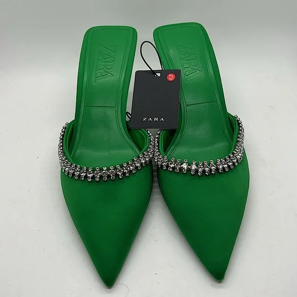 Zara NWT Emerald Green Rhinestones Heels Sandals Shoes **Size 36/US 6**💚💚 - Picture 2 of 7